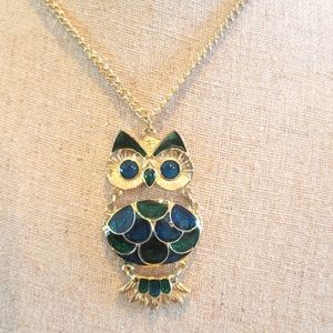 OWL CLOISONNE ENAMEL PENDANT WITH 20" LONG CHAIN